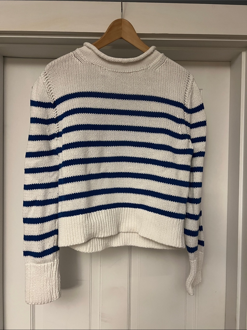 J. Crew White Crewneck Sweater with Blue Stripes